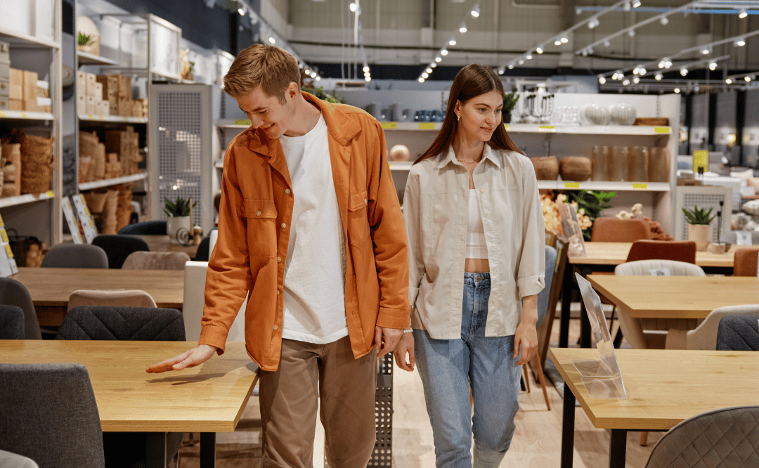 A couple in a luxury furniture shop A couple examines elegantly crafted tables in a high-end furniture showroom, surrounded by luxurious decor and stylish furnishings.