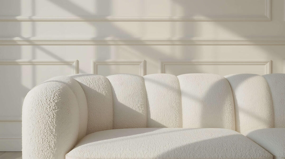 A close-up photograph showcasing a white boucle sofa upholstered in cream, set against a backdrop of cream paneled walls, highlighting the texture and color harmony of the space.